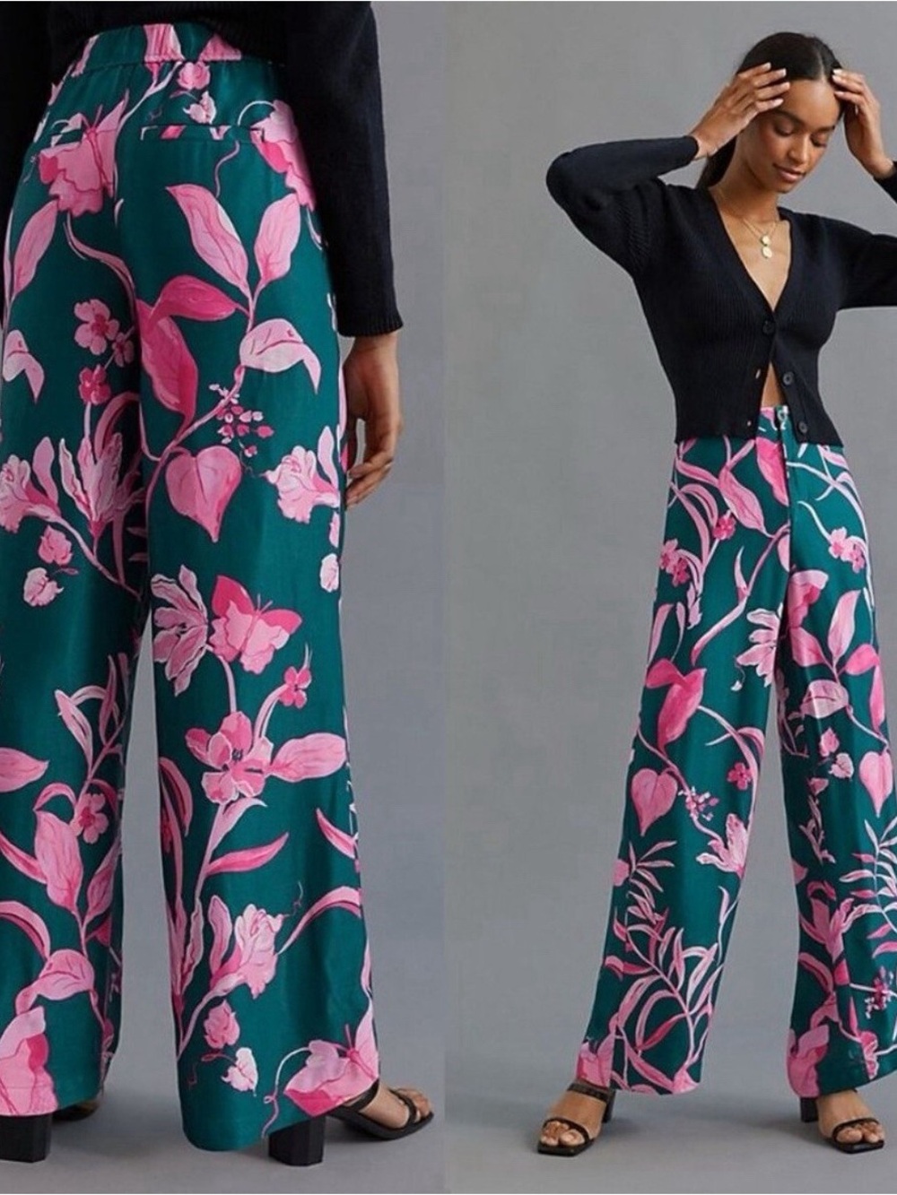 Anthropologie Breezy Tropical Print Green and Pink Wide-Leg Pants size 6
